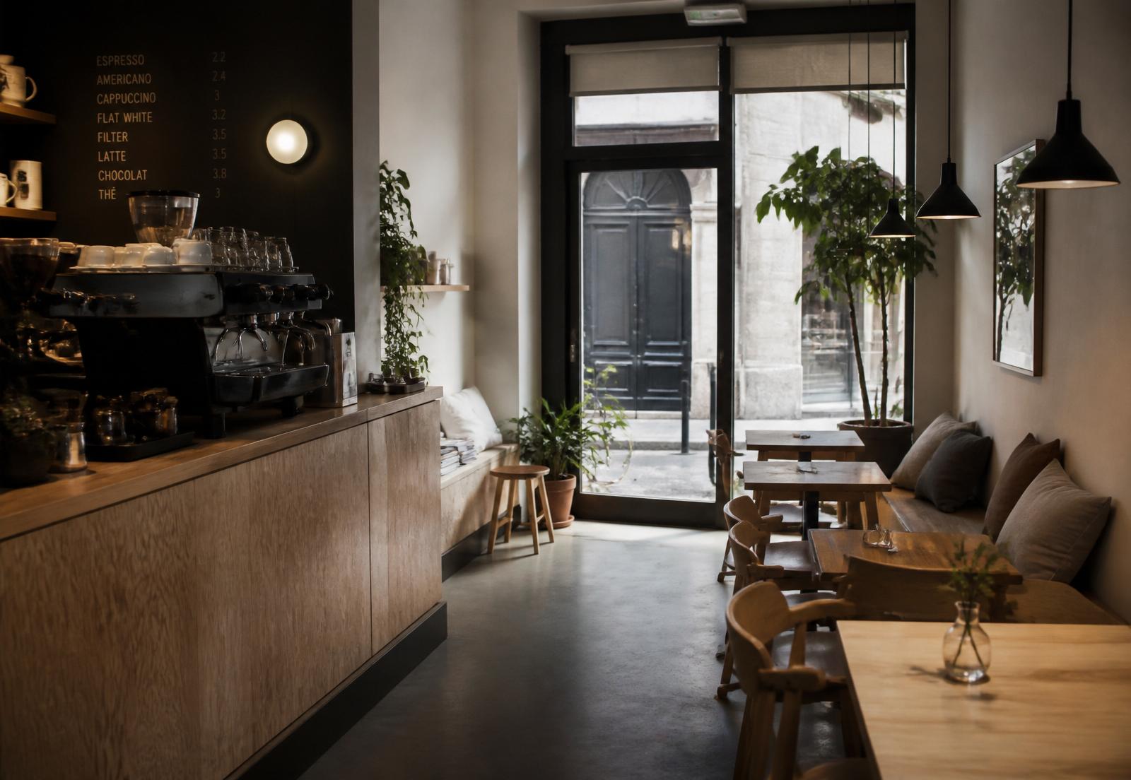 Interior of Kuro Espresso Bar with raw wood tables and greenery